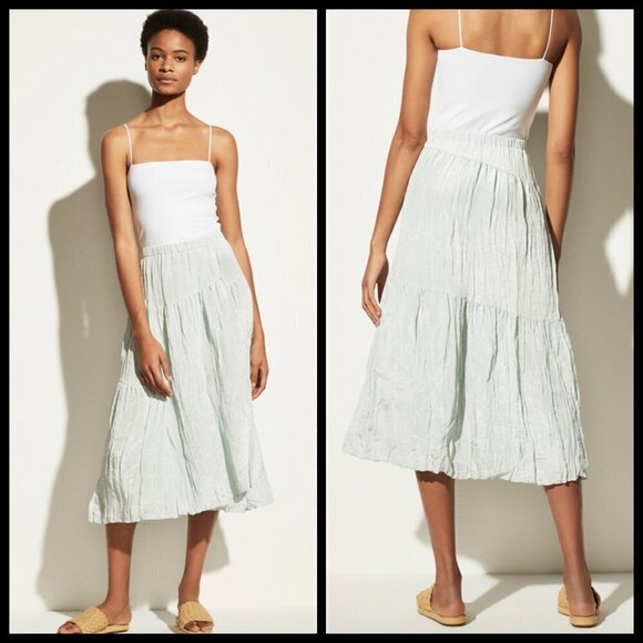 💕VINCE💕 Tiered Asymmetric Crinkle Midi Skirt ~ Mint Small S NWT - Picture 5 of 16